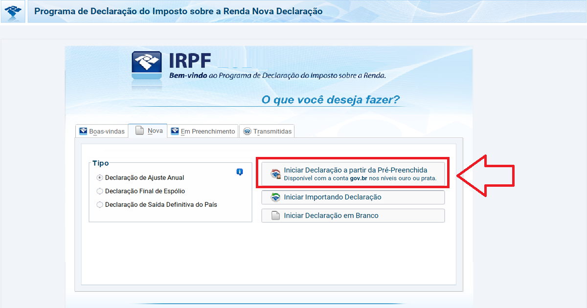 Imagem que mostra a tela da aba pré-preenchida do Imposto de Renda