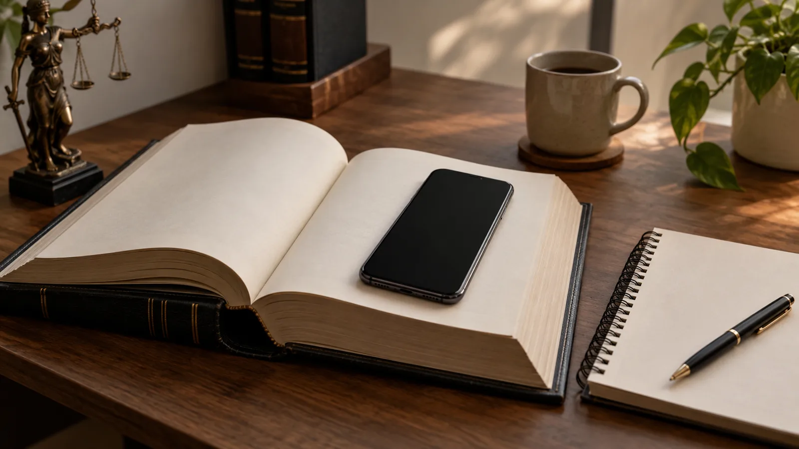Smartphone sobre o Código Penal em mesa de estudo representando casos práticos da diferença entre furto e roubo