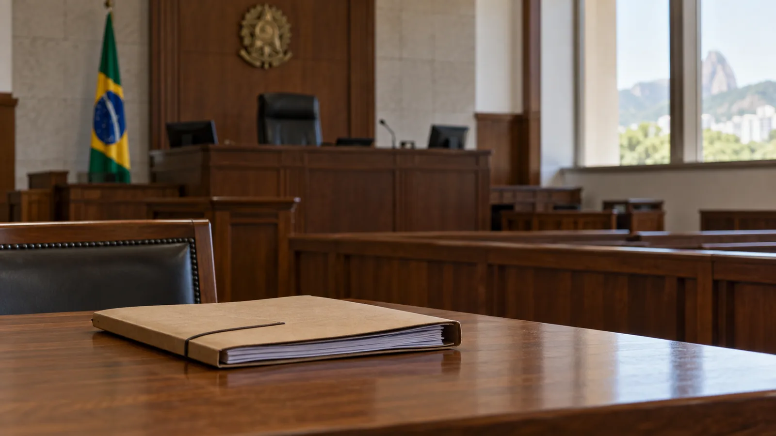 Sala de audiência vazia com processo criminal sobre a mesa para discutir a consumação do furto e do roubo