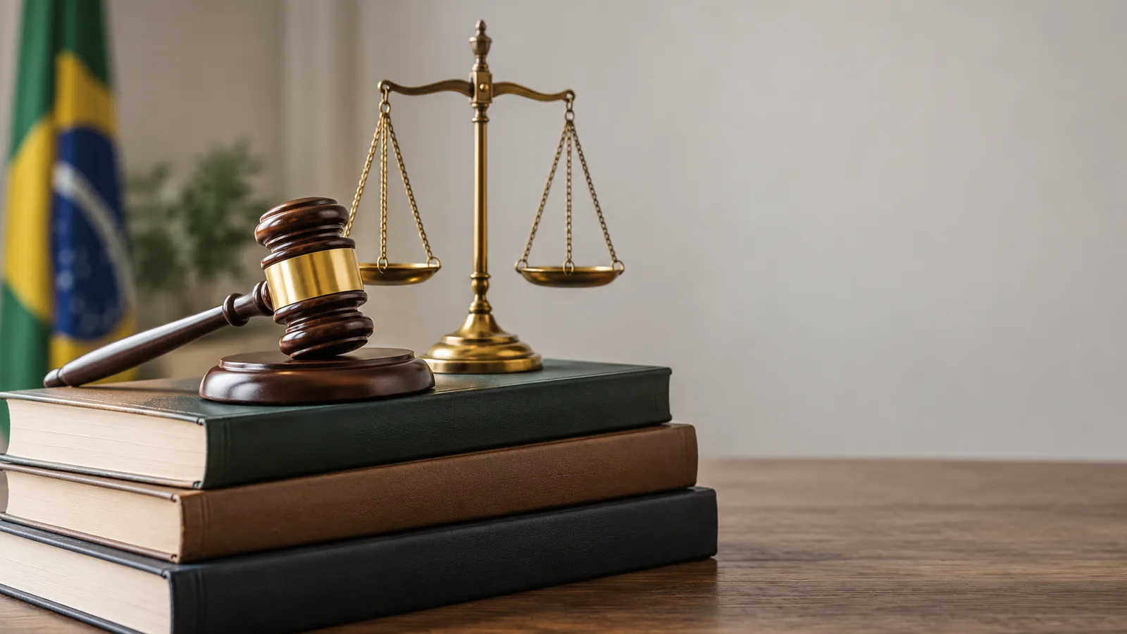 Martelo de juiz e balança da justiça sobre livros de Direito Penal que tratam de roubo majorado e latrocínio